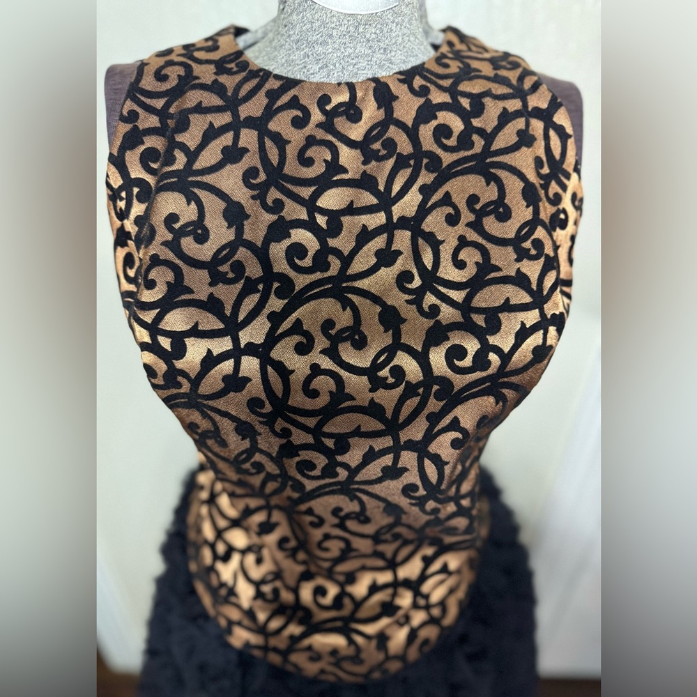 VTG Metallic Copper Gold & Black Velvet Scroll Pattern Sleeveless w Back Zipper